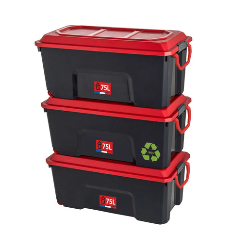 Sundis Locker Set of 3 Storage Boxes with Lids, 75 L, with Clips, Made of Recycled Plastic, Reinforced, Stackable, Ideal for Workshop, Transport