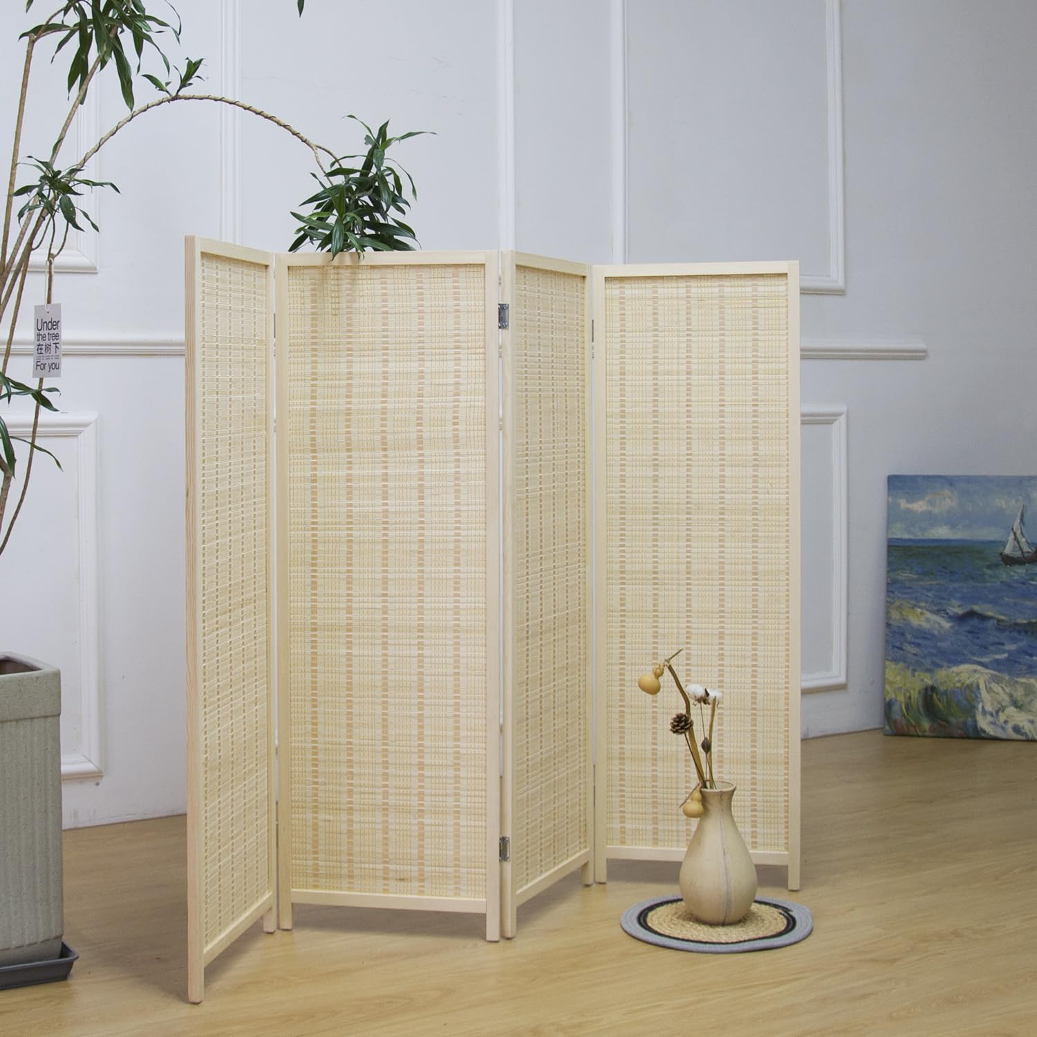 Furnnylane 4 Panel Bamboo Room Divider Short Folding Screen Divider,Double Sided Bamboo Divider Screen for Room Separation,Beige,120 cm H x 156 cm W