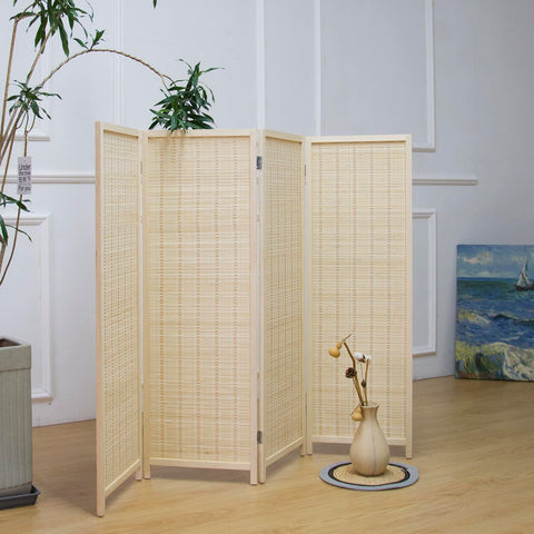 Furnnylane 4 Panel Bamboo Room Divider Short Folding Screen Divider,Double Sided Bamboo Divider Screen for Room Separation,Beige,120 cm H x 156 cm W