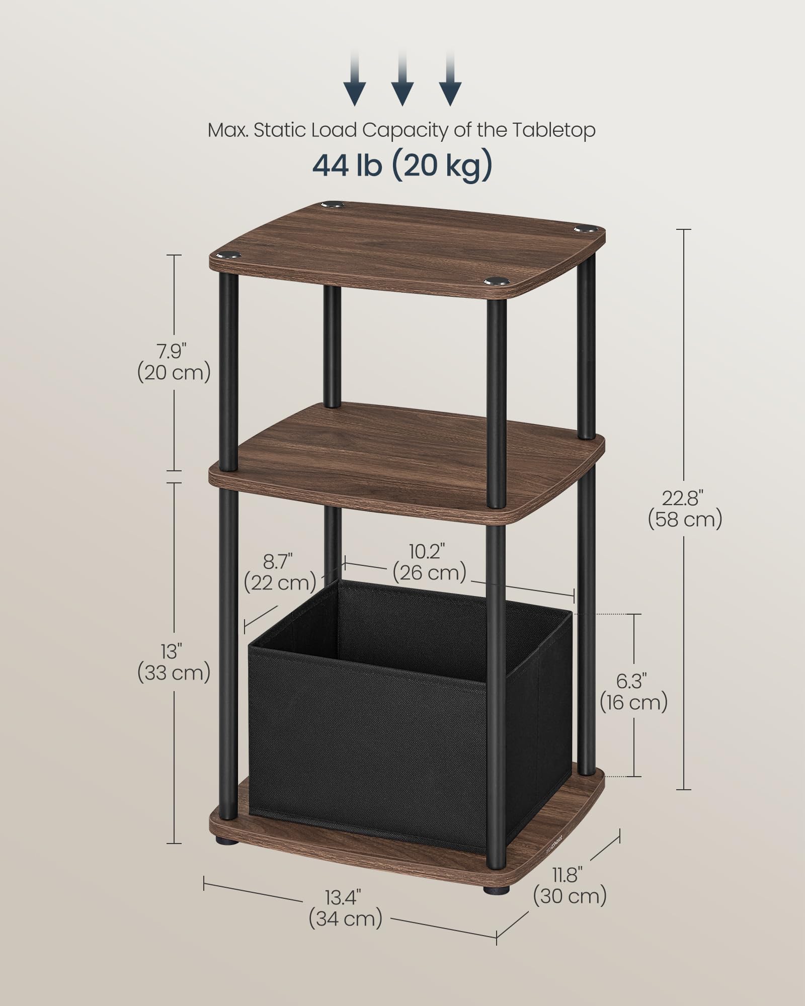 SONGMICS HOME Superfast Toolless Assembly, Side Table, 3-Tier Nightstand with Storage, Fabric Basket, for Bedroom Living Room, Steel Frame