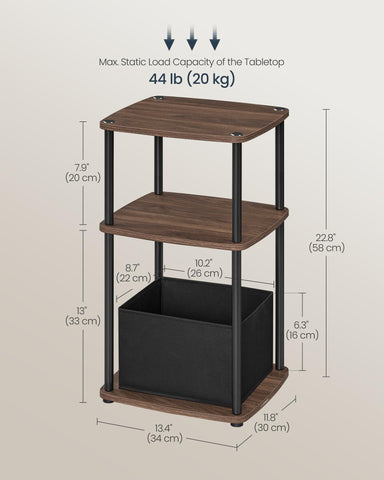 SONGMICS HOME Superfast Toolless Assembly, Side Table, 3-Tier Nightstand with Storage, Fabric Basket, for Bedroom Living Room, Steel Frame