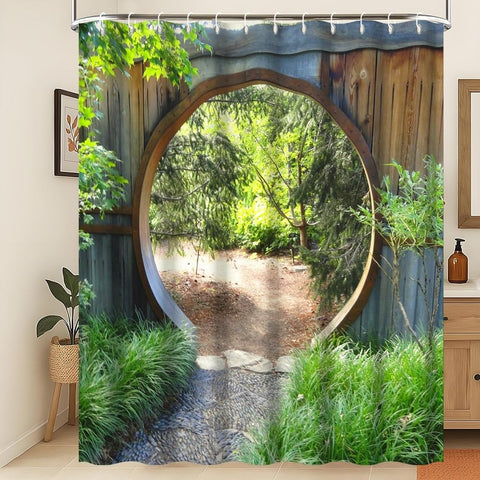 Xiaoterna Japanese Garden Shower Curtain 3D Spring Forest Nature Scenery Bathroom Curtain Circle Rustic Wooden Doorway Gate Green Plant Sunshine