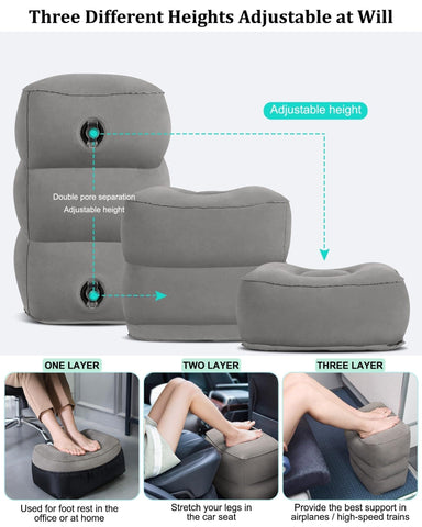 Inflatable Travel Foot Rest Pillow,Airplane Travel Pillow, Office Footrests, Adjustable 3 Layers Height Leg Rest Pillow