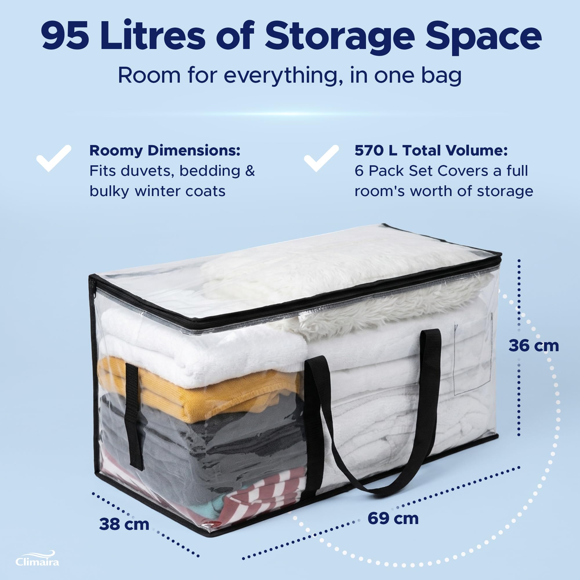 CLIMAIRA Extra Large Clear Storage Bags | 6 Pack 95L Heavy Duty Moving & Packaging Bags | Water Resistant, Double Zip & Handles for Bedding, Clothes