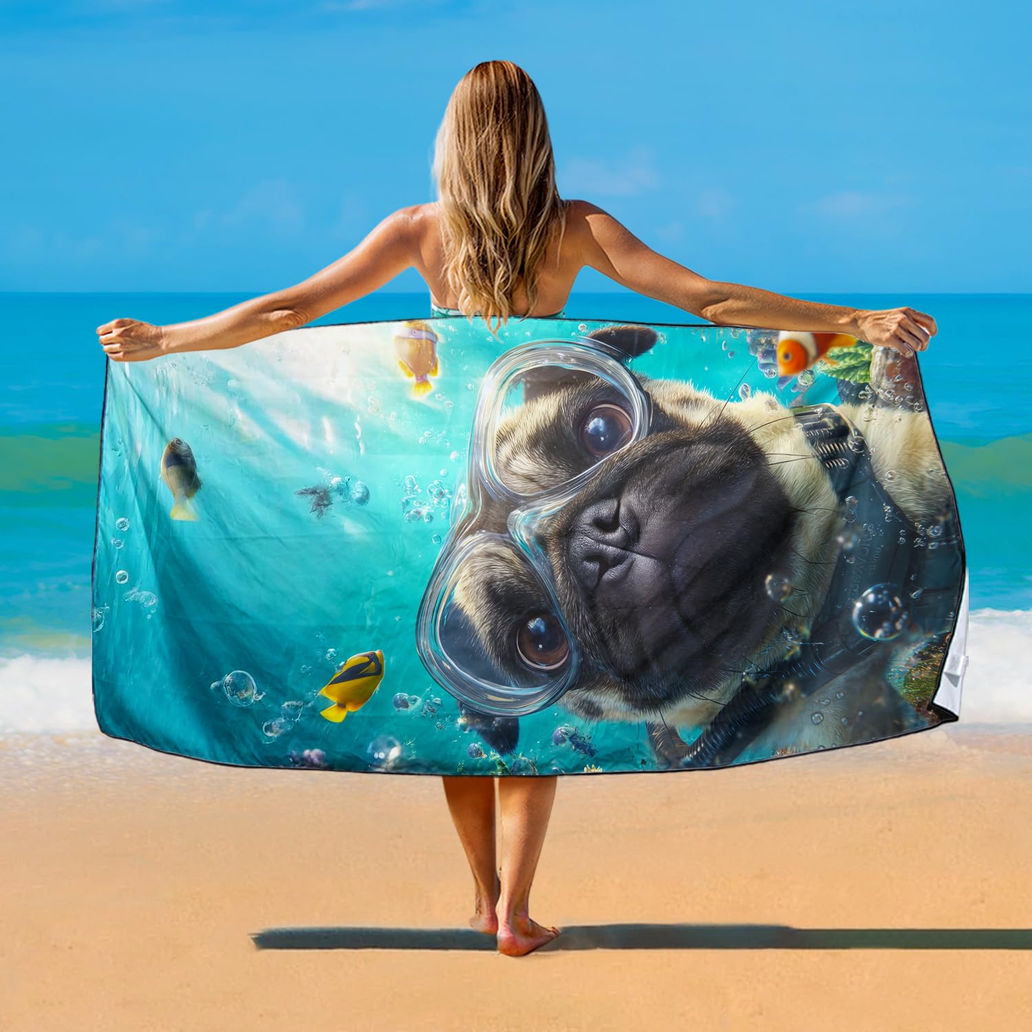 Violetpos Scuba Pug Group Beach Towel for Dog Lovers, Extra Large 180x90 cm 250GSM Microfibre, Sand Free Quick Dry