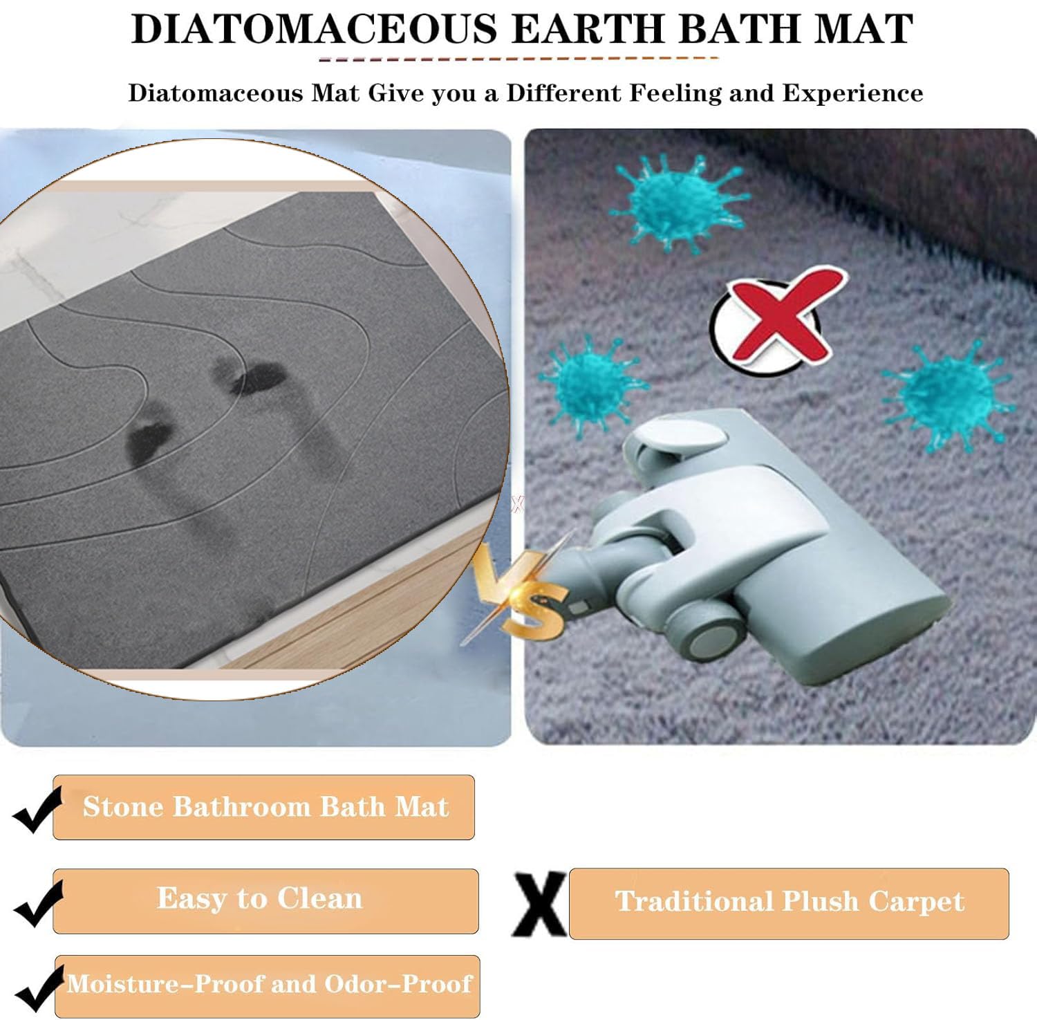 Dai Lufei Stone Bath Mat - Natural Diatomaceous Earth Super Absorbent Shower Mat, Quick Drying, Non-Slip Bath Mat, Bath and Bathroom Floor (Dark Grey)