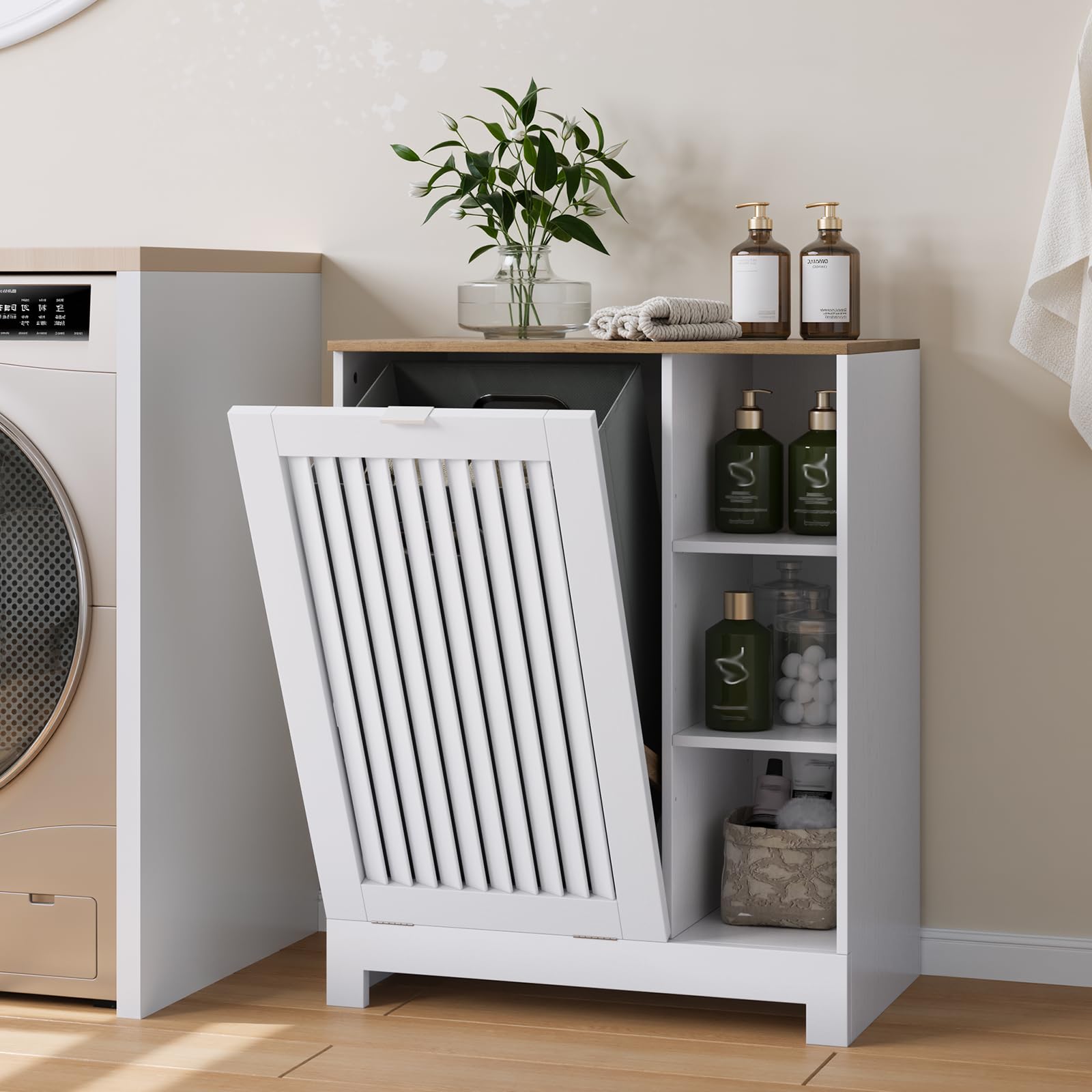 Smart FENDEE Tilt Out Laundry Hamper Cabinet with Louvered Door and Side Shelf, Bathroom Storage Cabinet with Removable Clothes Bin, 60 x 37 x 75 cm