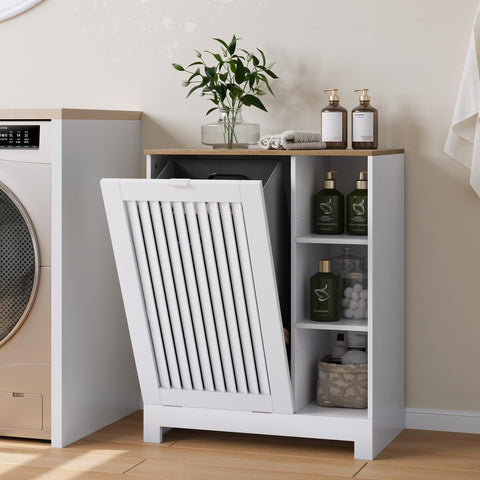 Smart FENDEE Tilt Out Laundry Hamper Cabinet with Louvered Door and Side Shelf, Bathroom Storage Cabinet with Removable Clothes Bin, 60 x 37 x 75 cm