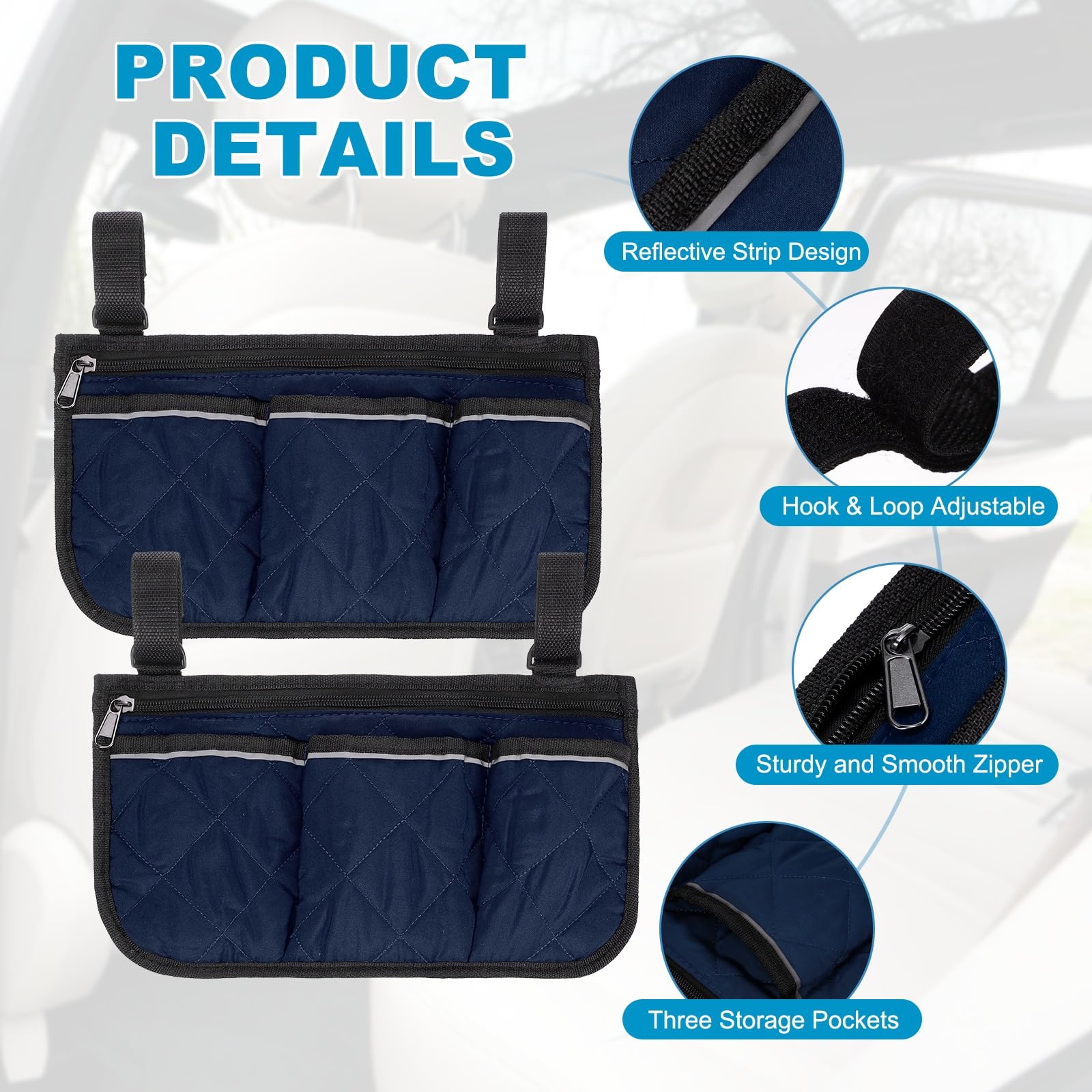 YELARXI Beach Chair Armrest Bag, Beach Side Bag Hanging Storage Organizer with Reflective 4 Pockets Waterproof Pouch 13 x 7" & 2Pcs & Blue - Fit for