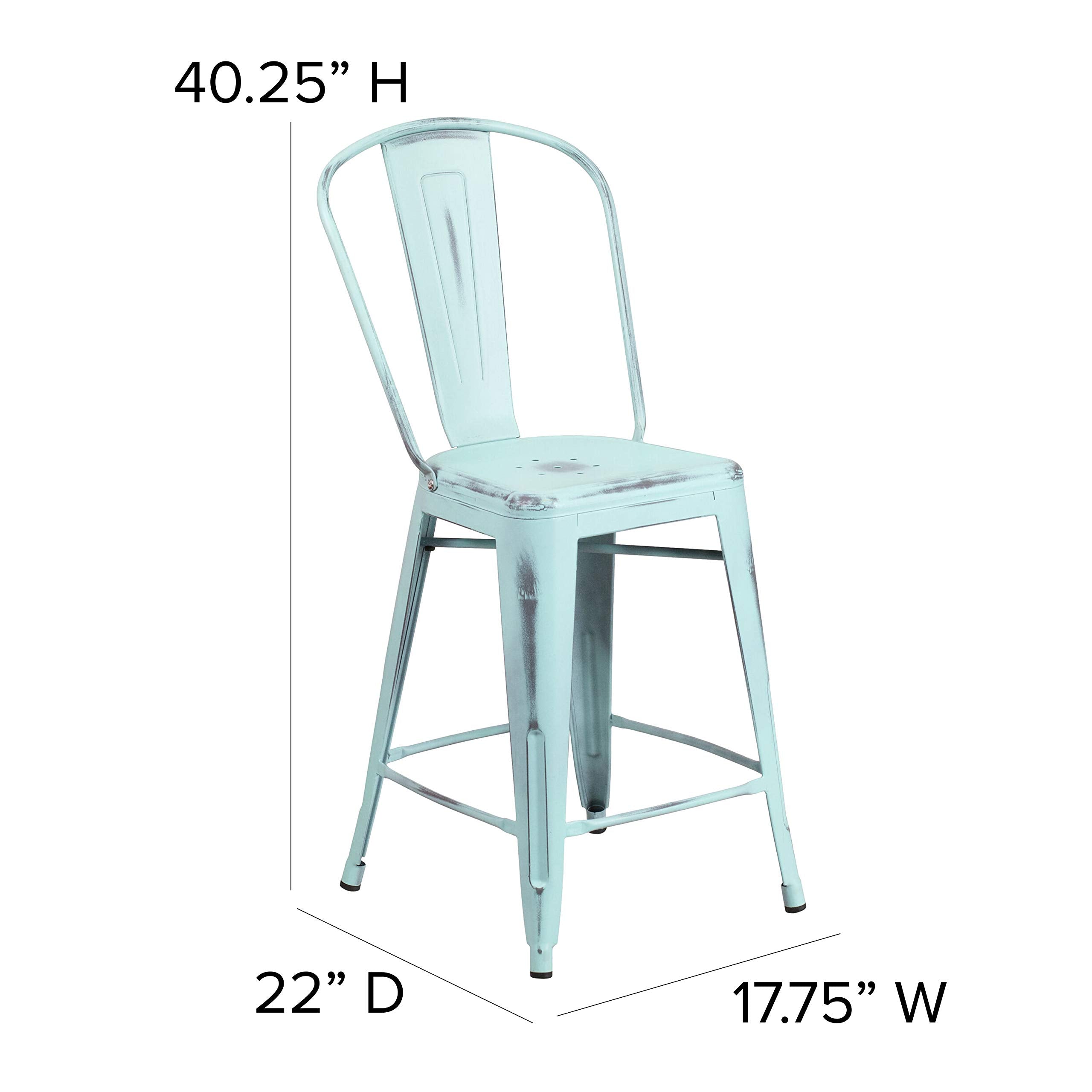 Flash Furniture Blake Commercial Grade 4 Pack 24" High Distressed Green-Blue Metal Indoor-Outdoor Counter Height Stool with Back