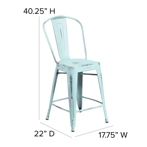 Flash Furniture Blake Commercial Grade 4 Pack 24" High Distressed Green-Blue Metal Indoor-Outdoor Counter Height Stool with Back