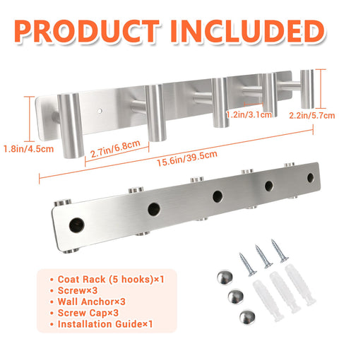 TOEKSIX Silver Steel Wall Coat Rack 15.6in, 5 Hooks for Bathroom Bedroom