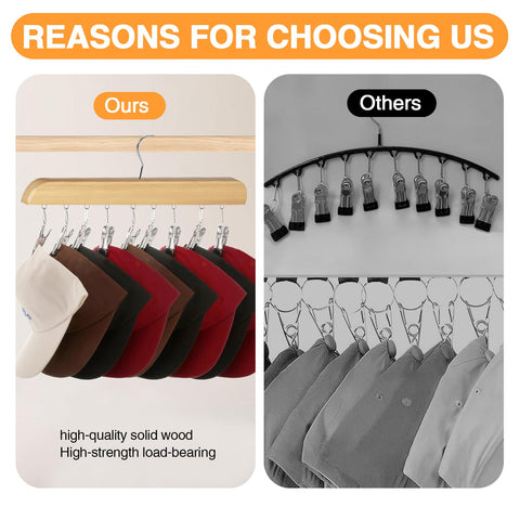 2 PCS Hat Storage, Wooden Legging Organizer with 10 Stainless Steel Clips Baseball Anti Slip Hat Rack Hats Storage Organizer for Closet Scarves
