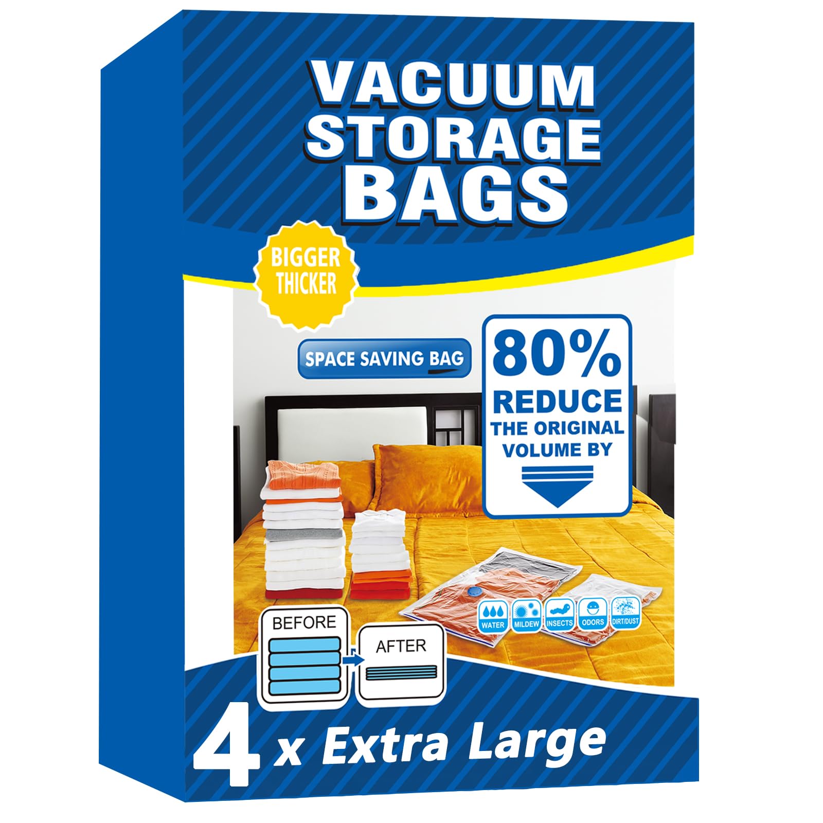 Vacuum Storage Bags - 4 Pack Extra Large (100X130cm) Space Saver Sealer Compression Bags, Reusable Vacuum Bags for Storage Clothes, Duvets, Bedding