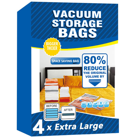 Vacuum Storage Bags - 4 Pack Extra Large (100X130cm) Space Saver Sealer Compression Bags, Reusable Vacuum Bags for Storage Clothes, Duvets, Bedding