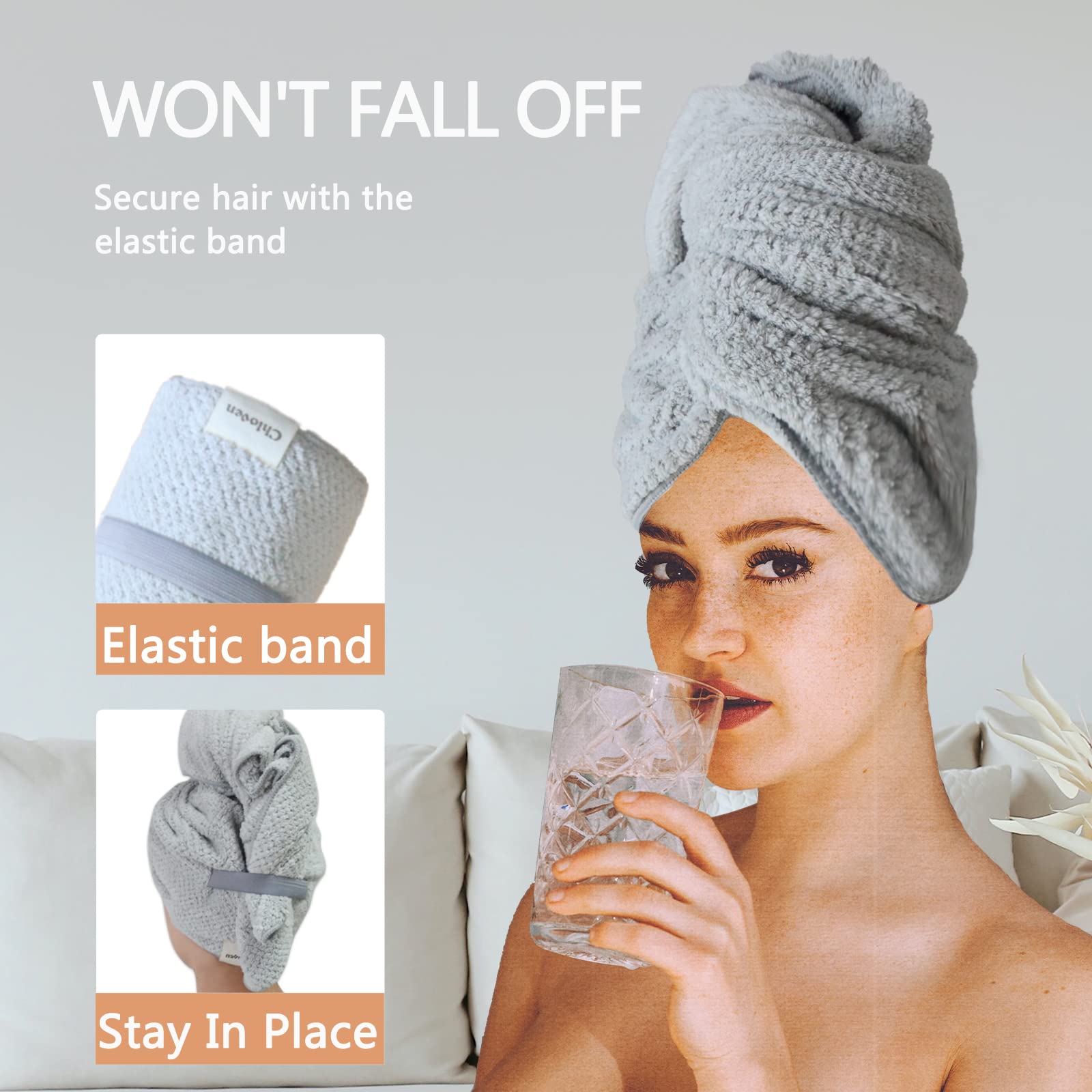 Chloven 2 Pack Extra Large Microfiber Hair Towel Wrap for Women,42 inch X 25 inch Anti Frizz Hair Drying Towel with Elastic Strap,Hair Wrap Towels