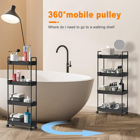 Wuudi 4-Tier Storage Trolley Cart, Slide-Out Cart with Wheels Rolling Utility Shelf Rack for Kitchen Bathroom with Hanging Cups & Partition