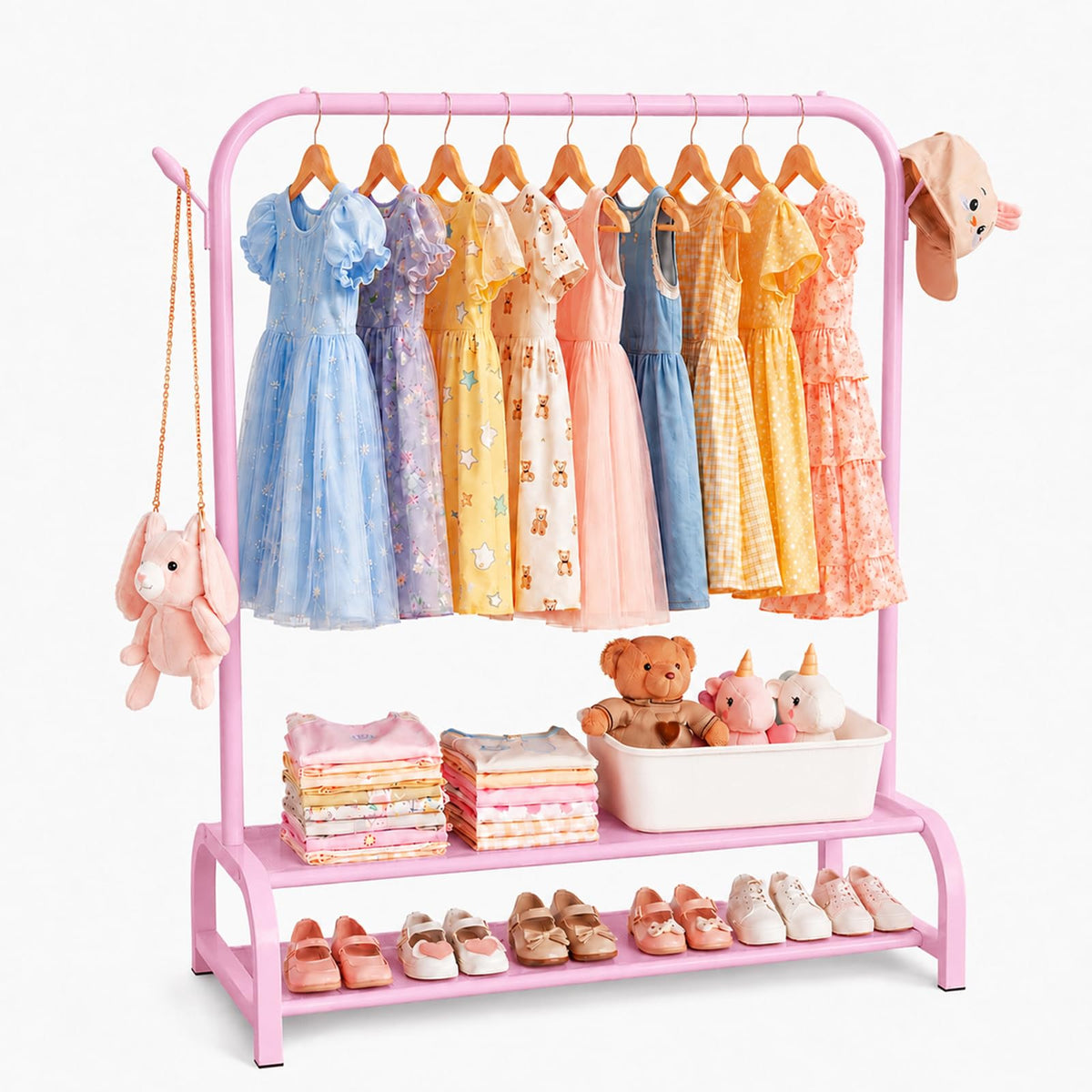 ELUZENE Kids Clothes Rack with 2 Fabric Storage Shelves Pink