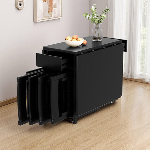 GildedGrove Solid Wood Folding Dining Table - Retro Black Finish with Wheels & Storage | Mobile Long Table for 4-6 People