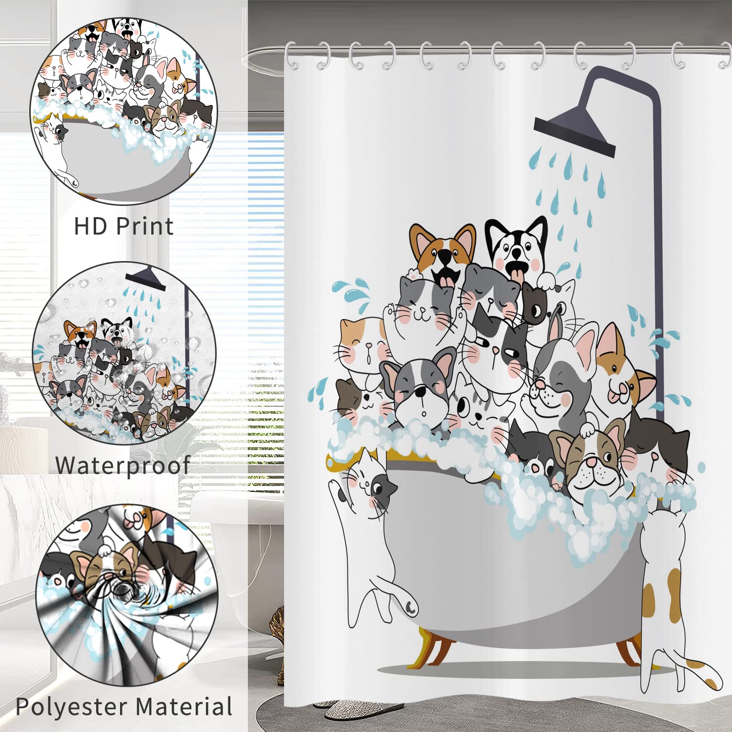 Hnmdmyi Funny Shower Curtain 180x180, Cartoon Animal Cat and Dog Kids Shower Curtains Colorful Lovely Hilarious Pets Bathroom Curtains Waterproof
