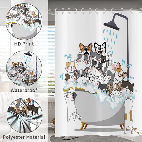 Hnmdmyi Funny Shower Curtain 180x180, Cartoon Animal Cat and Dog Kids Shower Curtains Colorful Lovely Hilarious Pets Bathroom Curtains Waterproof