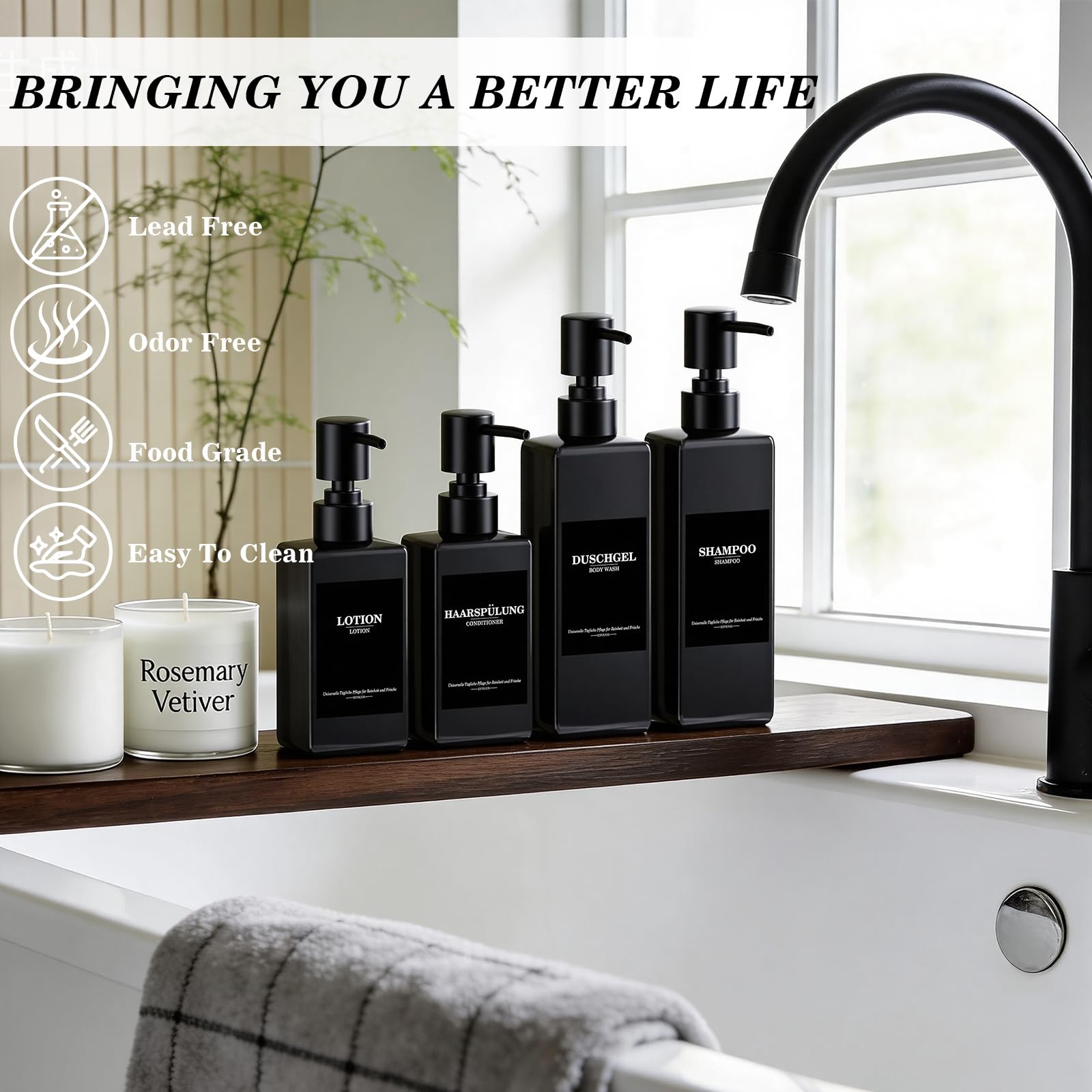Set of 5 Reusable Shampoo Dispenser Bottles for Filling, 3 x 300 ml + 2 x 500 ml Black Refill Bottles with Pump Dispenser