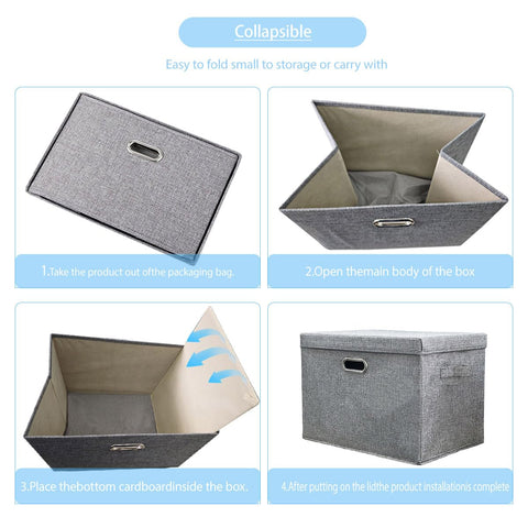 TempFoo Storage Boxes with Lids Fabric, 3pc 38 L Collapsible Grey Large