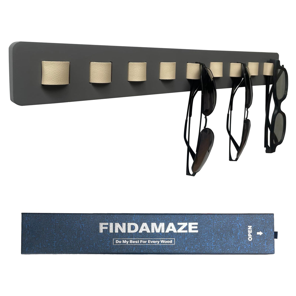 FINDAMAZE Wooden Sunglasses Organizer - Wall Mounted Sunglasses Rack/Stand - Display for Men or Women, Home Decor (Gray-1pcs-long)