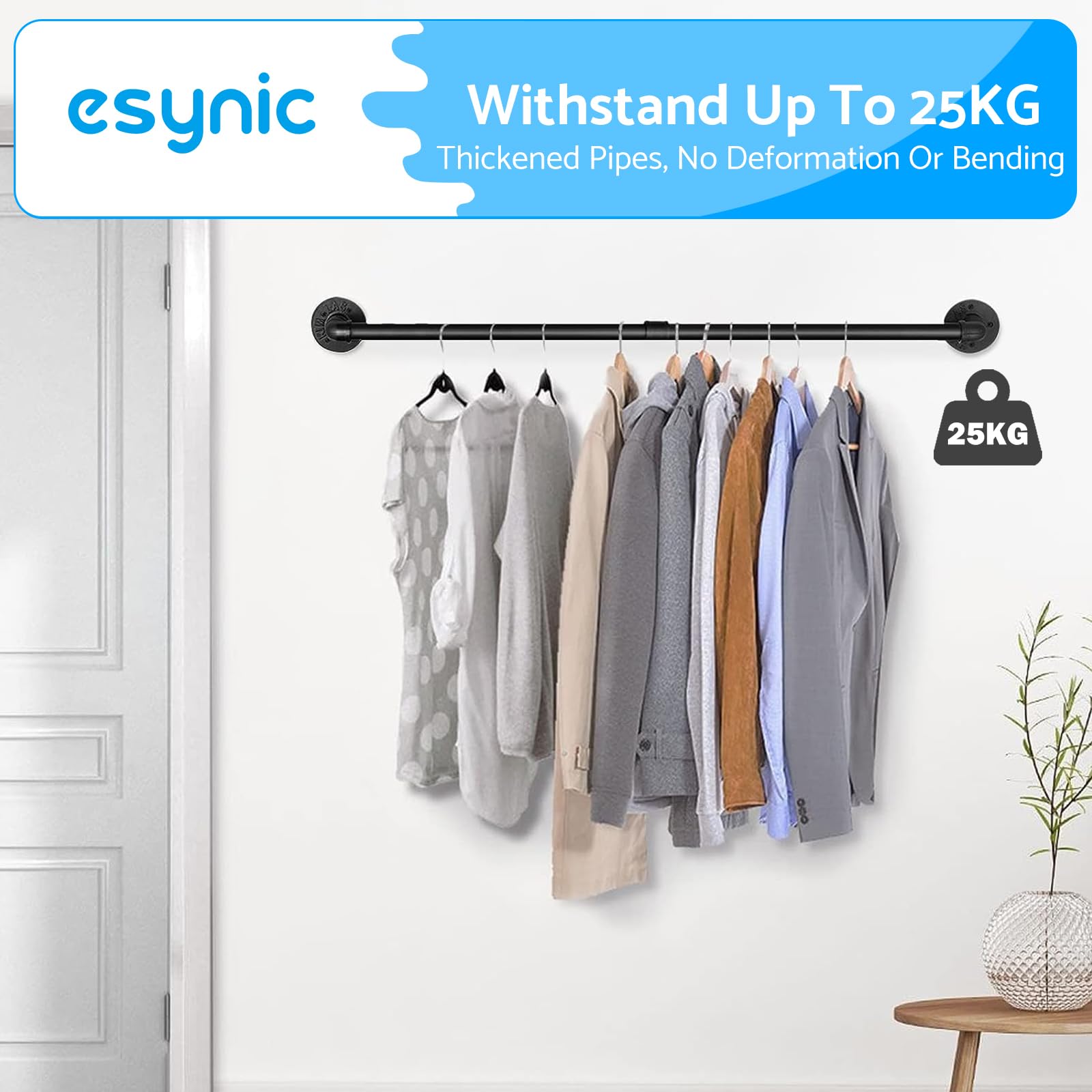 eSynic 60cm Black Industrial Wall Mounted Clothes Rail Heavy Duty