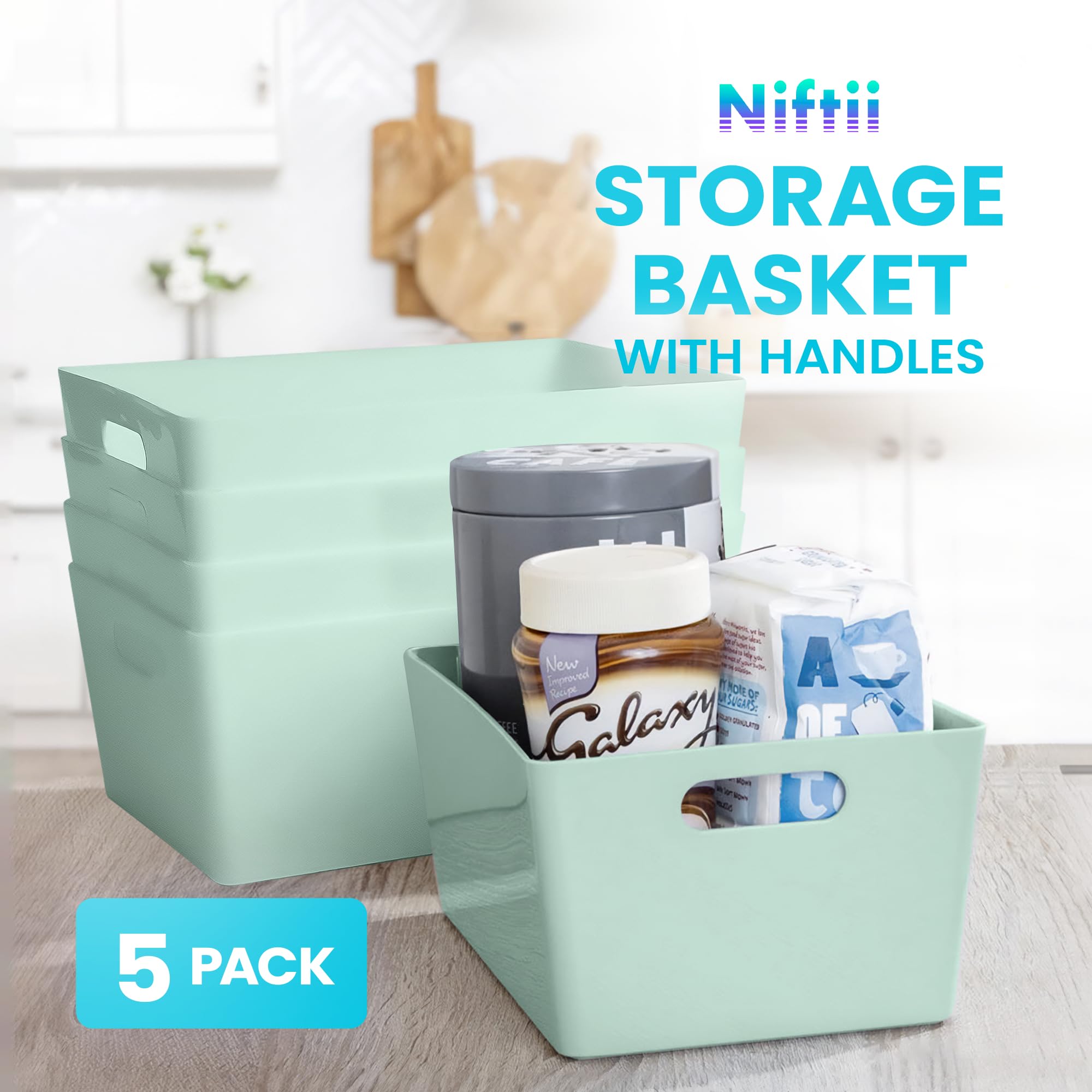 Niftii 5-Pack Plastic Storage Baskets with Sturdy Handles, Lightweight & Durable Design, Ideal for Kitchen, Bathroom, and Cleaning Organisation