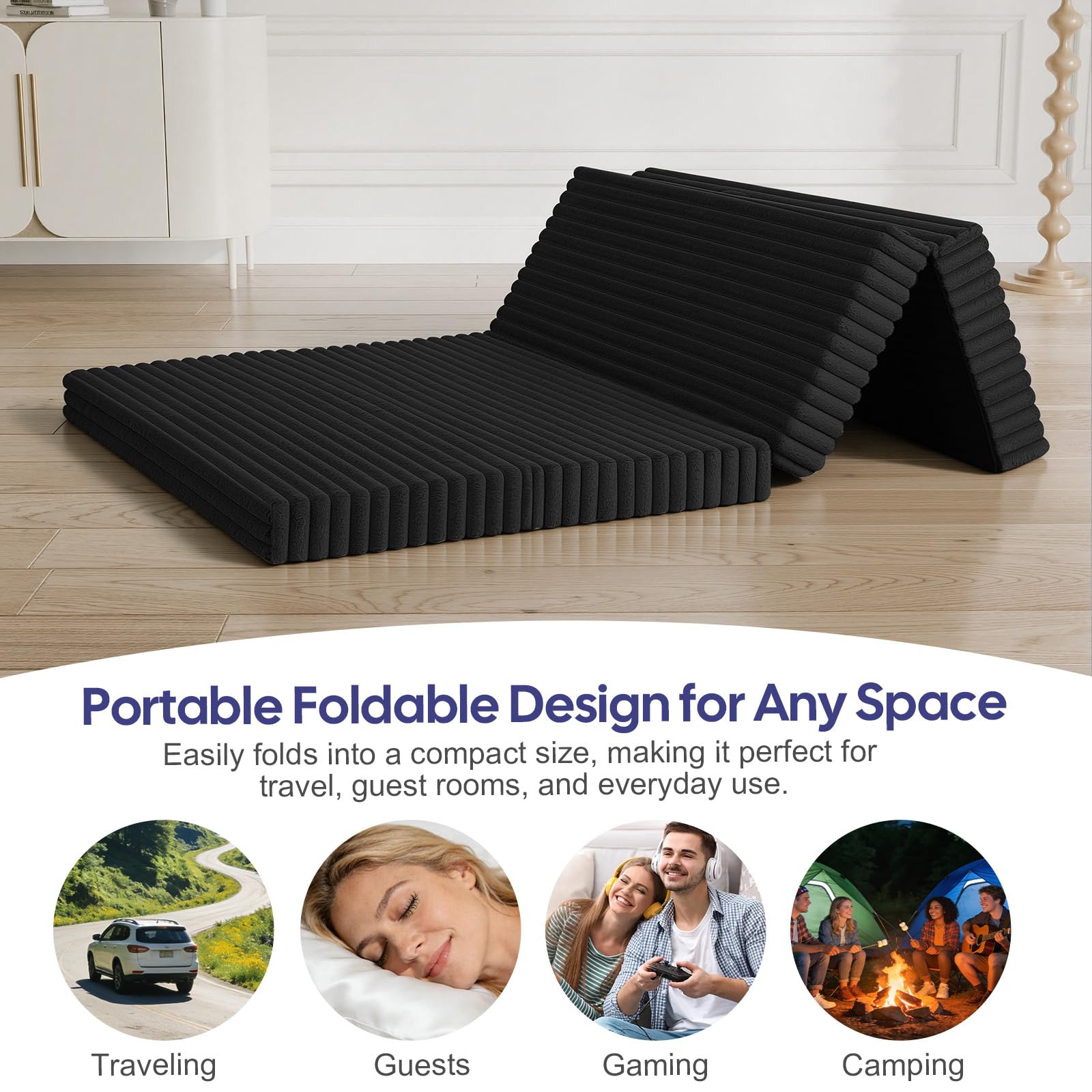 MeMoreCool Folding Floor Mattress 190x135cm, 4-Fold Foam Guest Bed, Black