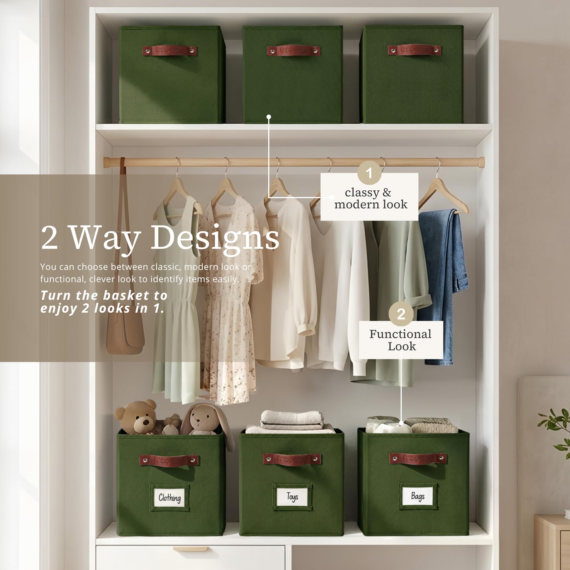 DECOMOMO Storage Baskets, 13x15x13 Storage Cube Bins with Labels for Organizing Shelves Kallax (Kallax / 4pcs, Olive Green)