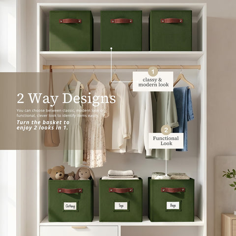 DECOMOMO Storage Baskets, 13x15x13 Storage Cube Bins with Labels for Organizing Shelves Kallax (Kallax / 4pcs, Olive Green)