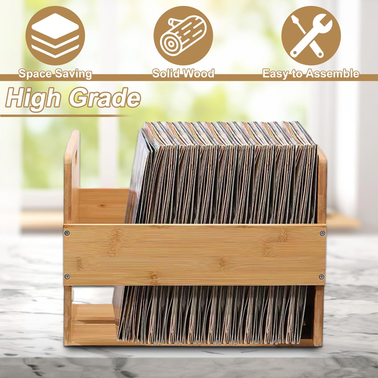 ZOFUN Record Storage Box Large, 40 x 35.5 x 31.5 cm Vinyl Record Storage Case with Handles, Bamboo Lp Storage Boxes with Fixing Screws
