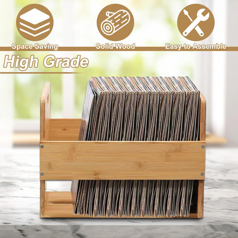 ZOFUN Record Storage Box Large, 40 x 35.5 x 31.5 cm Vinyl Record Storage Case with Handles, Bamboo Lp Storage Boxes with Fixing Screws