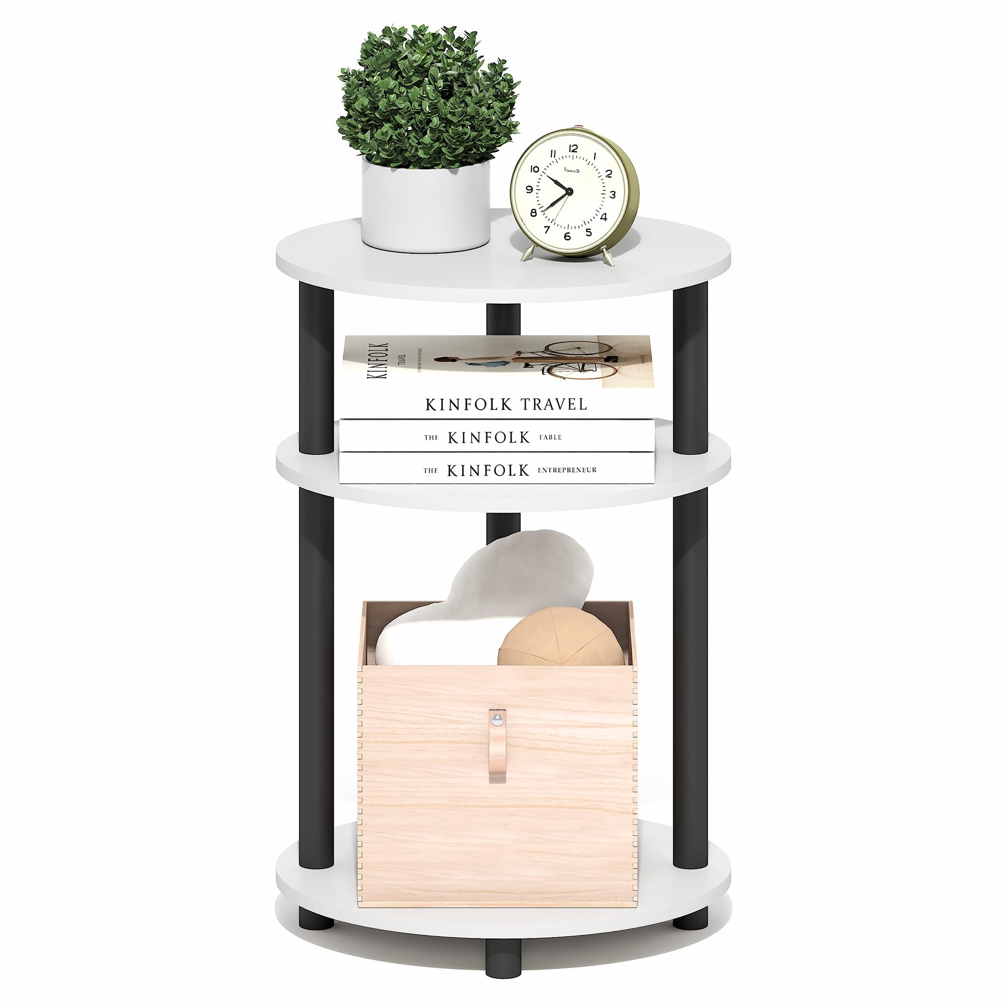 Furinno TURN-N-TUBE Side Table, 3-Tier Oval End Table, Night Stand, Bedside Table, for Living Room, Bedroom, White/Black