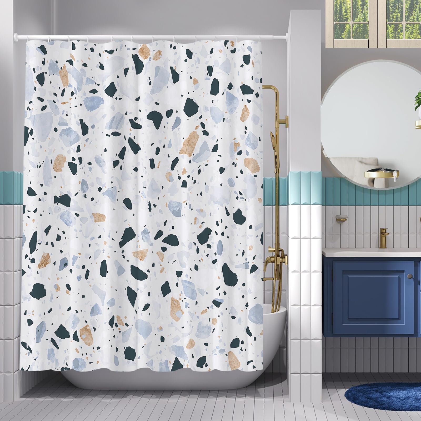Simpomsy Terrazzo Shower Curtains Mould proof resistant, Washable Weighted Fabric Wet Room Shower Curtain