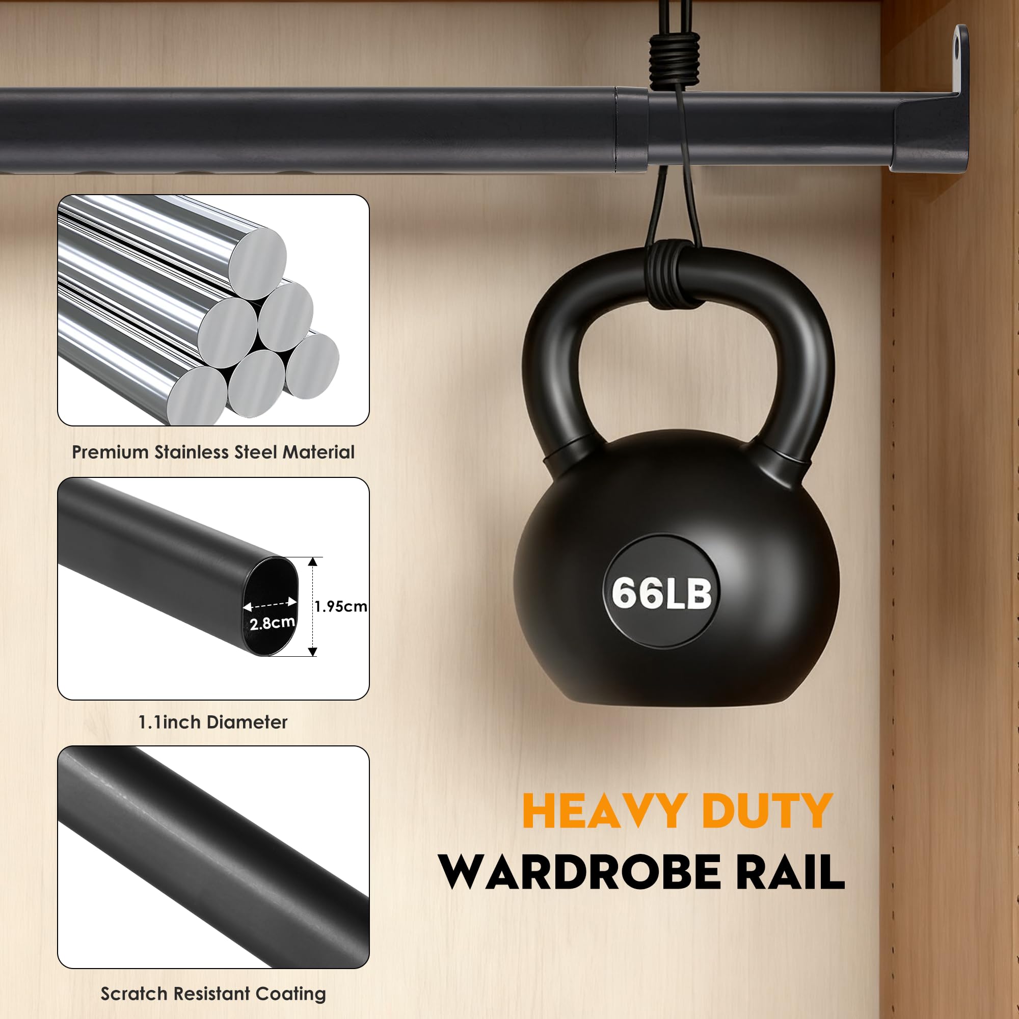 Poskena Adjustable Wardrobe Rail,Wardrobe Rails and Fittings, 43-191cm
