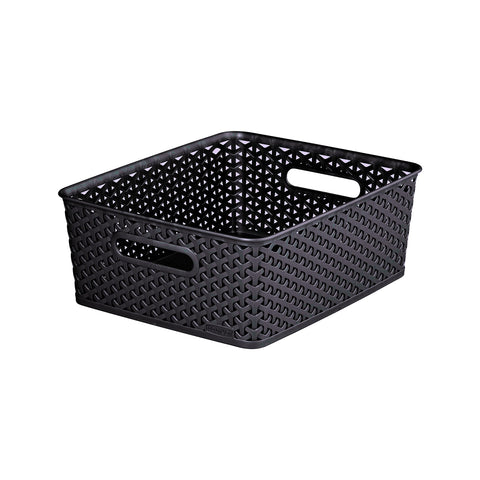 Curver My Style Rattan Effect Set of 3 Kitchen, Living room, Bathroom, Bedroom, Utility Medium Rectangular Storage Baskets 12 Litres - Anthracite