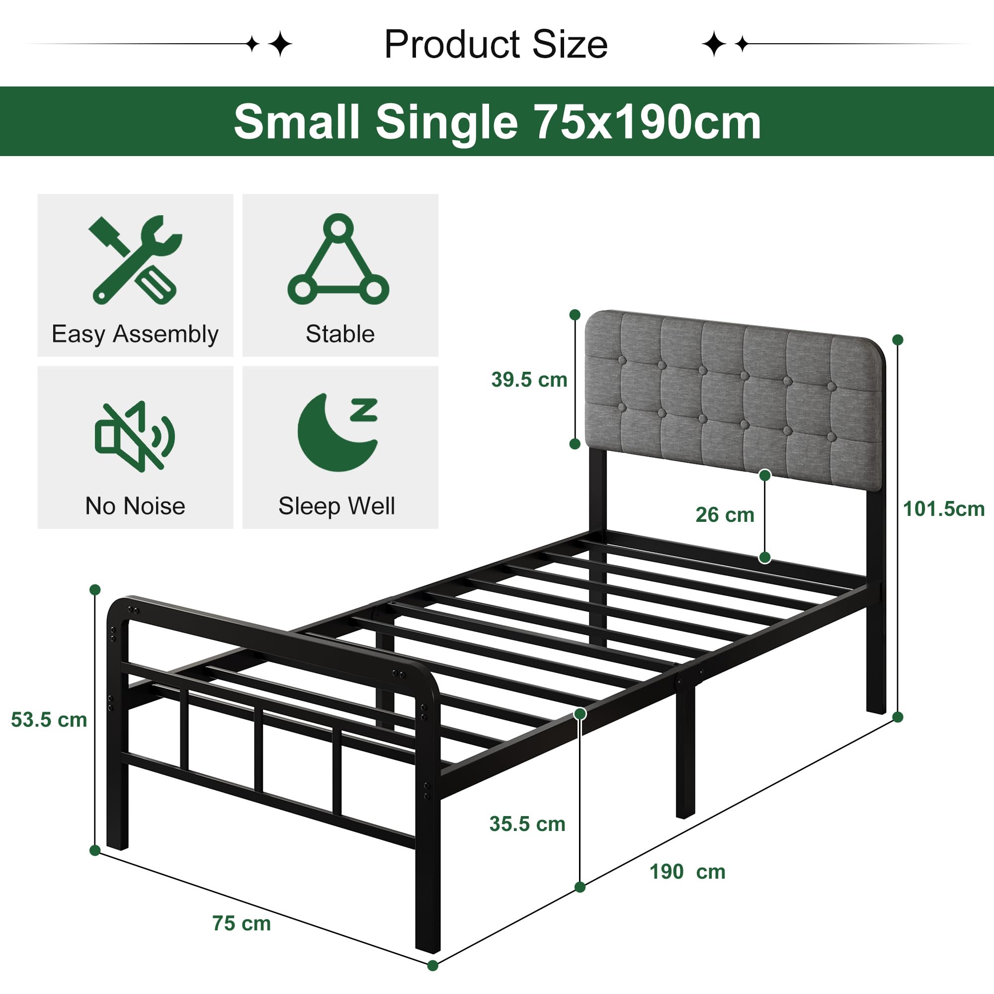 EMODA Small Single Bed Frame with Upholstered Headboard and Footboard