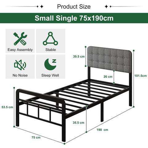 EMODA Small Single Bed Frame with Upholstered Headboard and Footboard