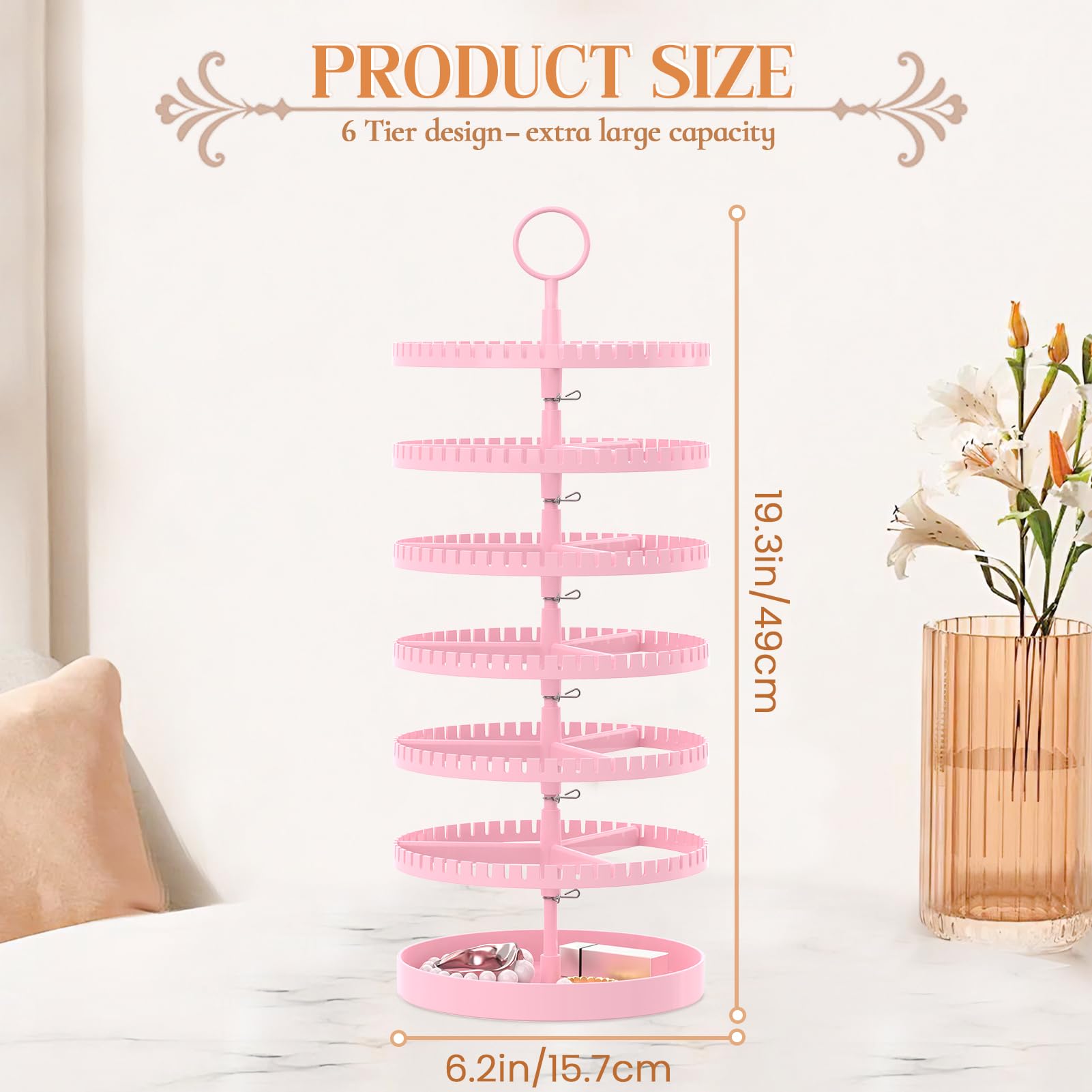 iDavosic.ly 6 Tier Rotating Earring Holder Organizer with Metal Tray, Pink