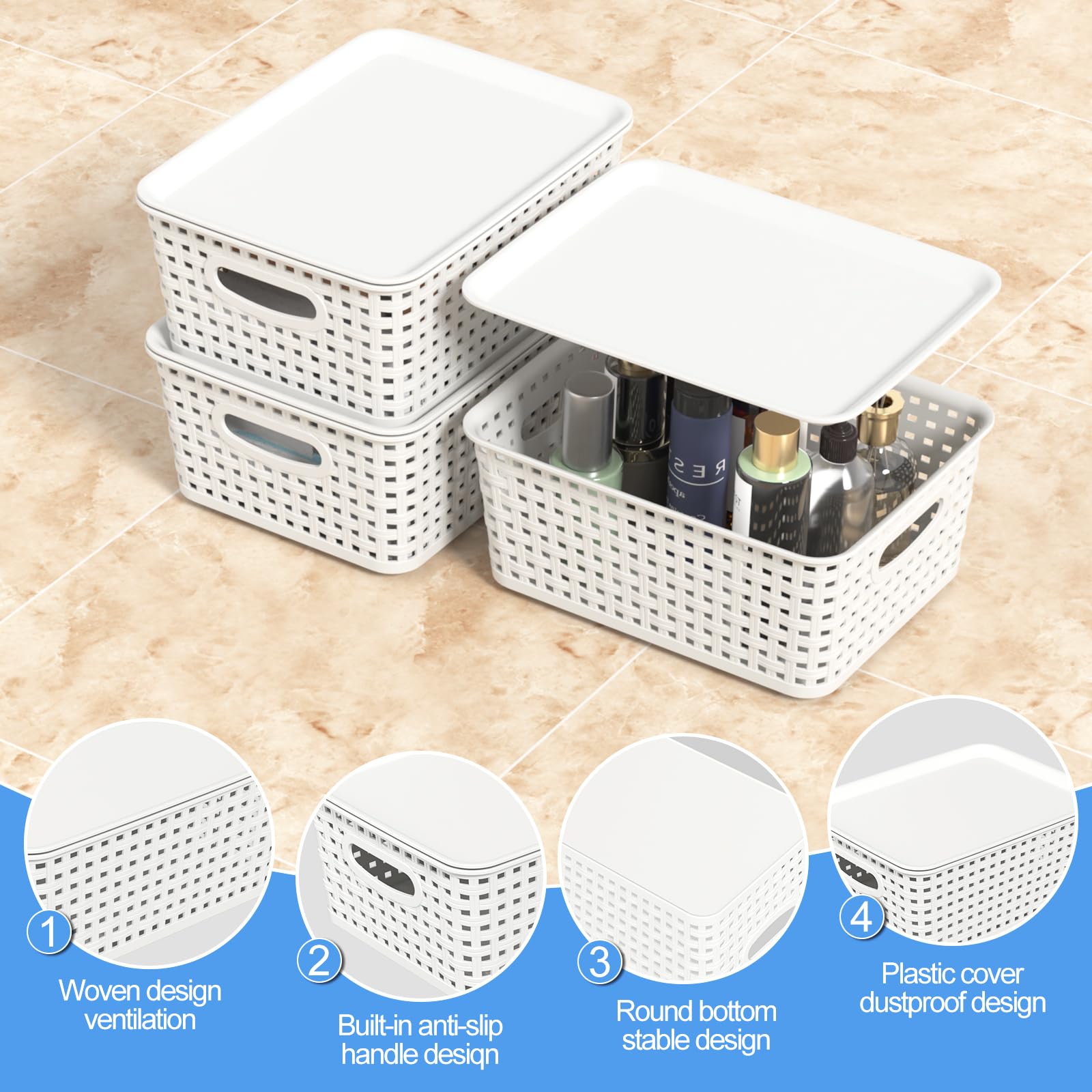 Wakikini Woven Plastic Storage Baskets with Lids, Small Weave Bins, White