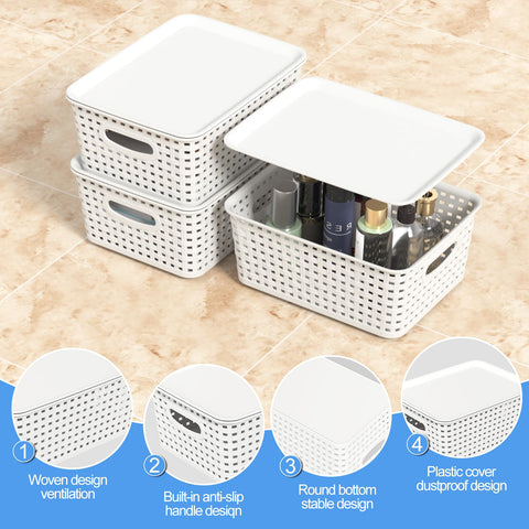 Wakikini Woven Plastic Storage Baskets with Lids, Small Weave Bins, White