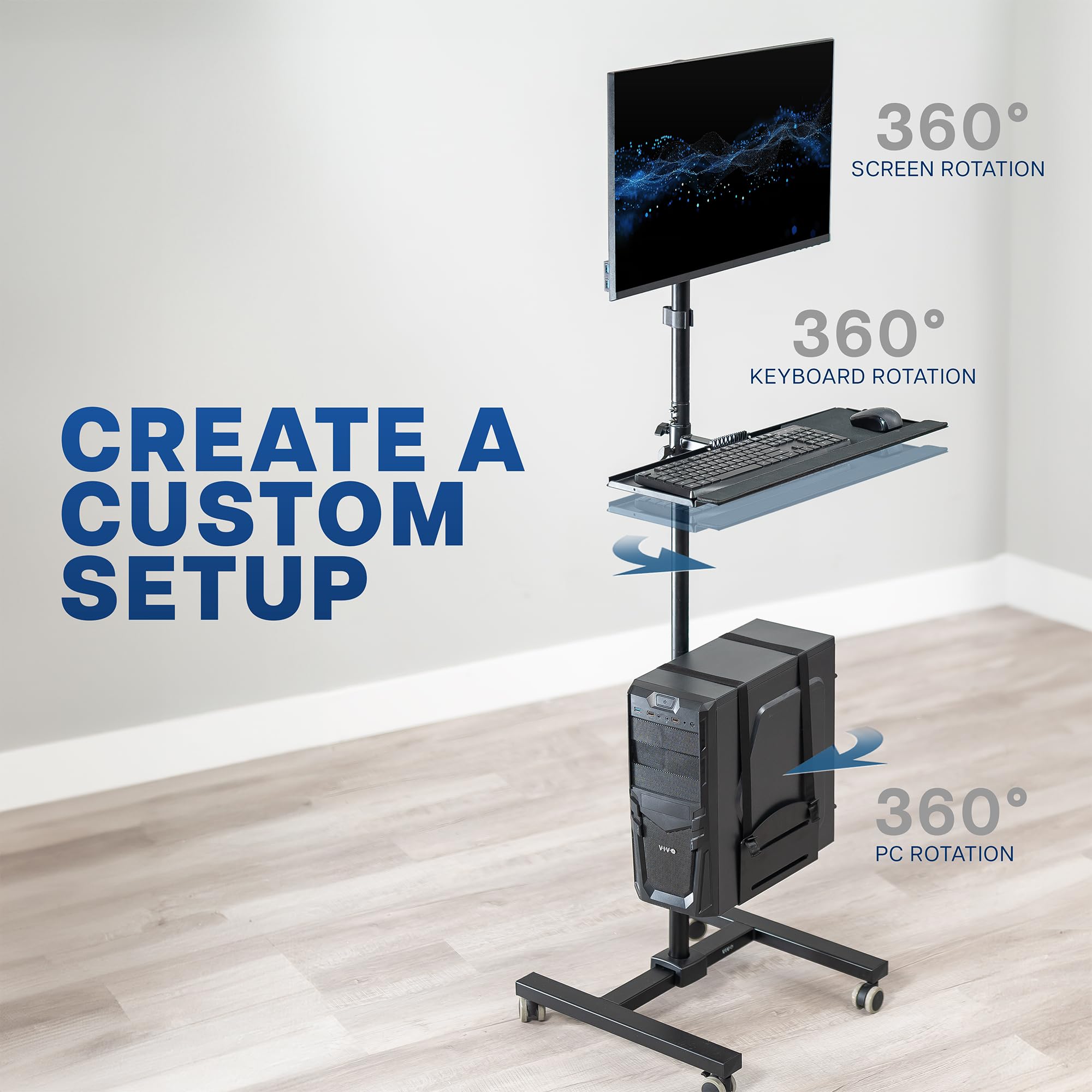 VIVO Black Computer Mobile Cart Rolling Stand | Adjustable Monitor Mount 32" Case Holder & Keyboard Tray Moving Workstation (CART-PC02T)