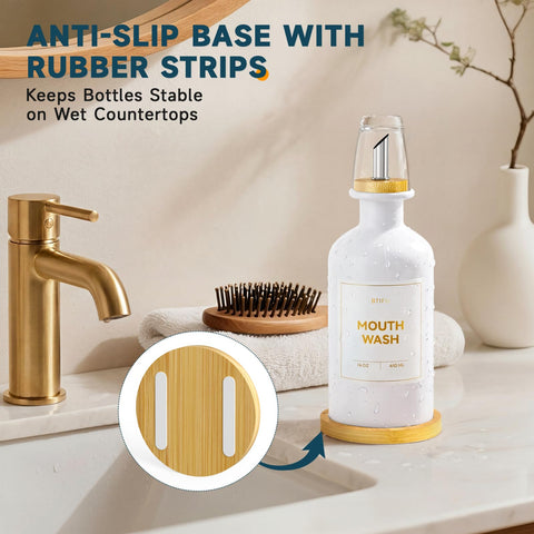 Glass Mouthwash Dispenser for Bathroom – 410ml Refillable Mouthwash Container with 2 Glass Cups & Bamboo Tray, Countertop Mouth Wash Dispensers