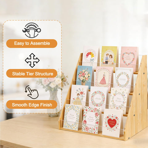 Worephu Premium 4-Tier Bamboo Acrylic Card Rack, Space-Saving Display Stand for Postcards, Greeting Cards, Brochures & Picture