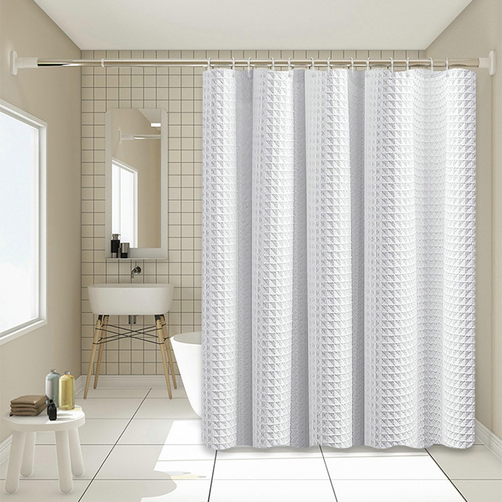 Stfery Shower Curtain, Waffle Structure, Bath Curtain, 120 x 180 cm, Shower Curtain, Fabric, Washable, Anti-Mould