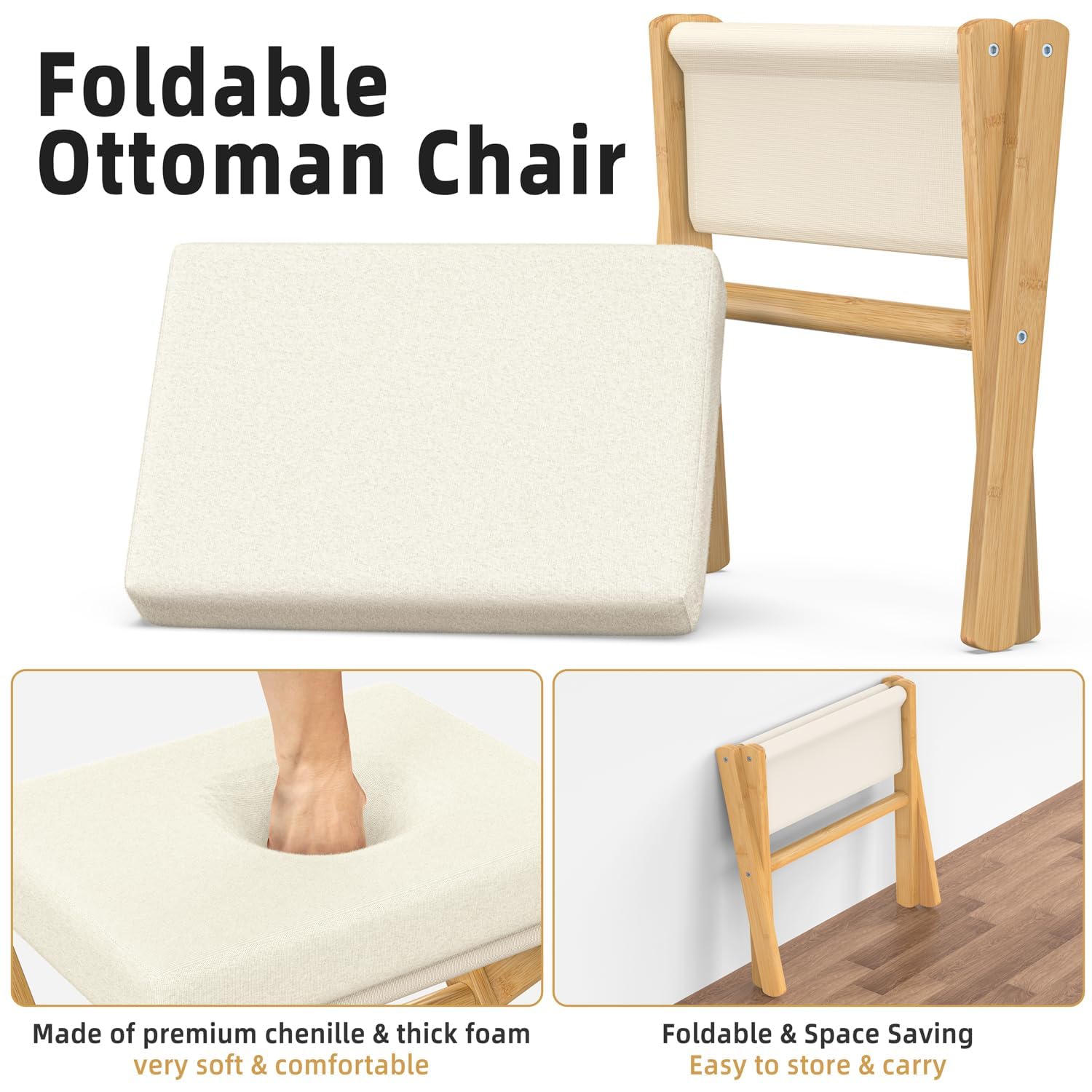 BAMBOOHOMIE Foldable Foot Stool Ottoman, Modern Foot Rest with Bamboo X Legs & Thick Foam Cushion