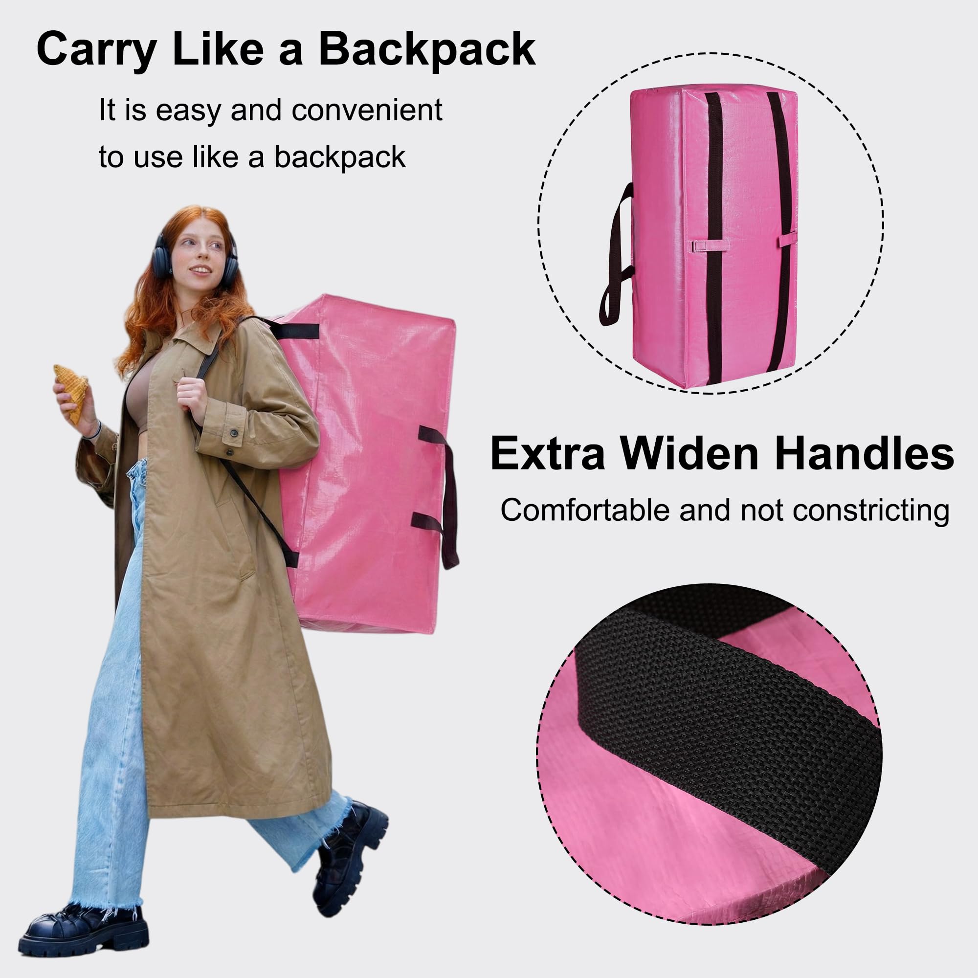 SANNAX 6 Pack 83L Pink Moving Bags, Foldable Storage Bags with Double Zips